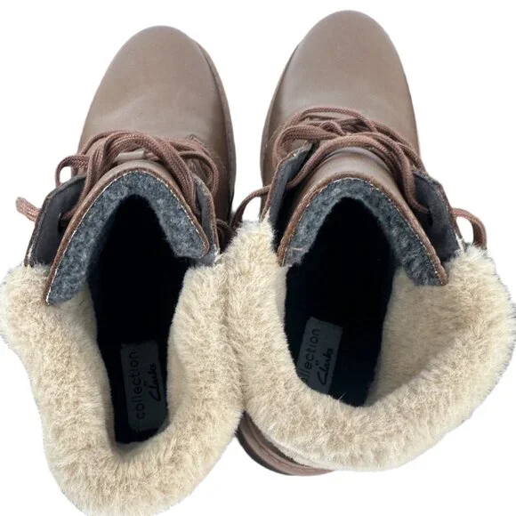 Clarks Mahogany Leather Faux Fur Trim Wedge Boots 8.5 - Picture 5 of 8